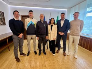 Sprejem športnikov in olimpijcev (Enci, Brecl, Cerar, Kotnik, župan in Vrhovnik), april 2026
